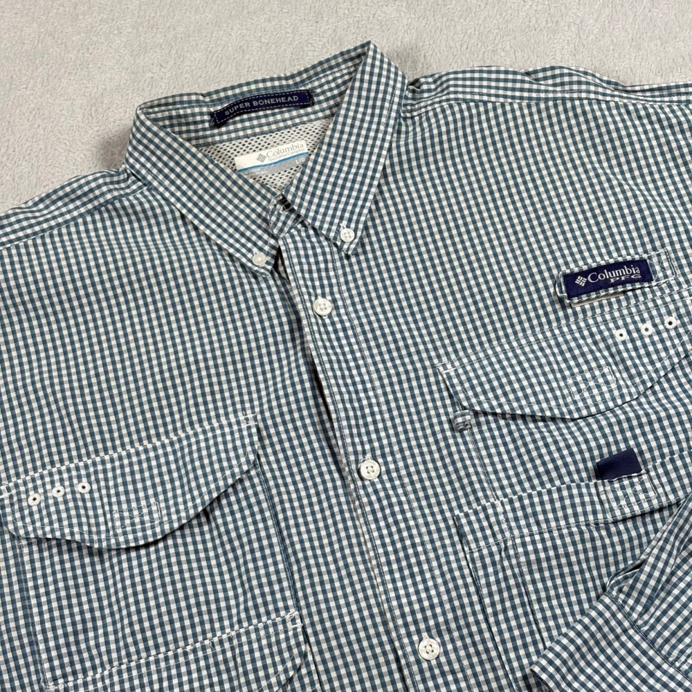 Columbia PFG Super Bonehead Mens Large Gingham Fishing Shirt Blue White Long Slv